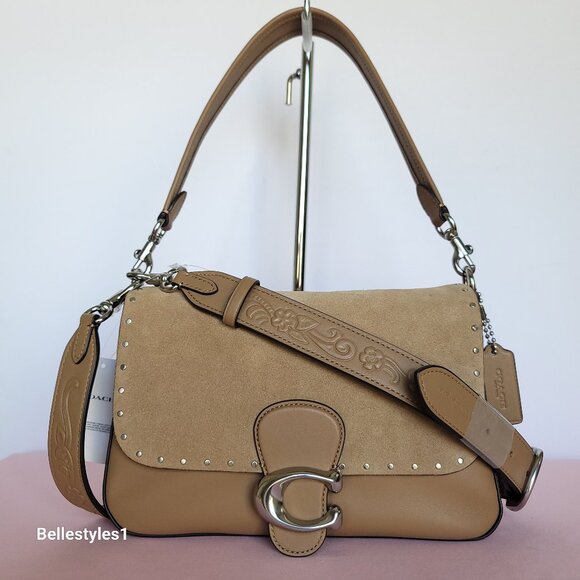COACH Tabby Soft Suede & Leather Shoulder Bag With Rivets And Tooling- Peanut⭐ - Picture 2 of 16